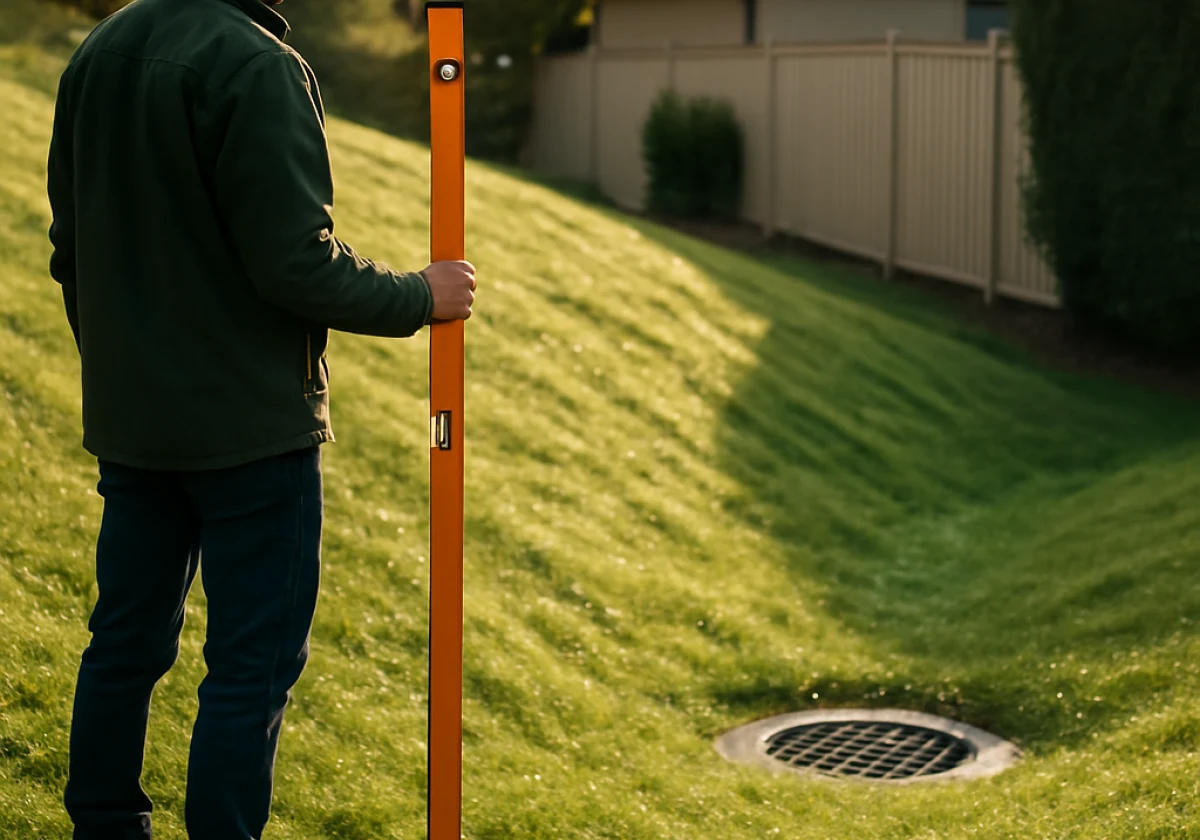 Surveyor standing on sloped residential terrain