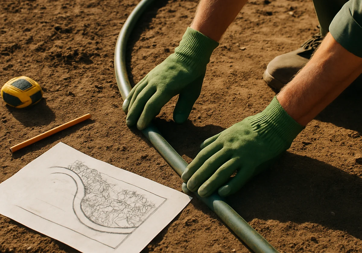 Gardener's hands laying out a curved garden hose along bare earth