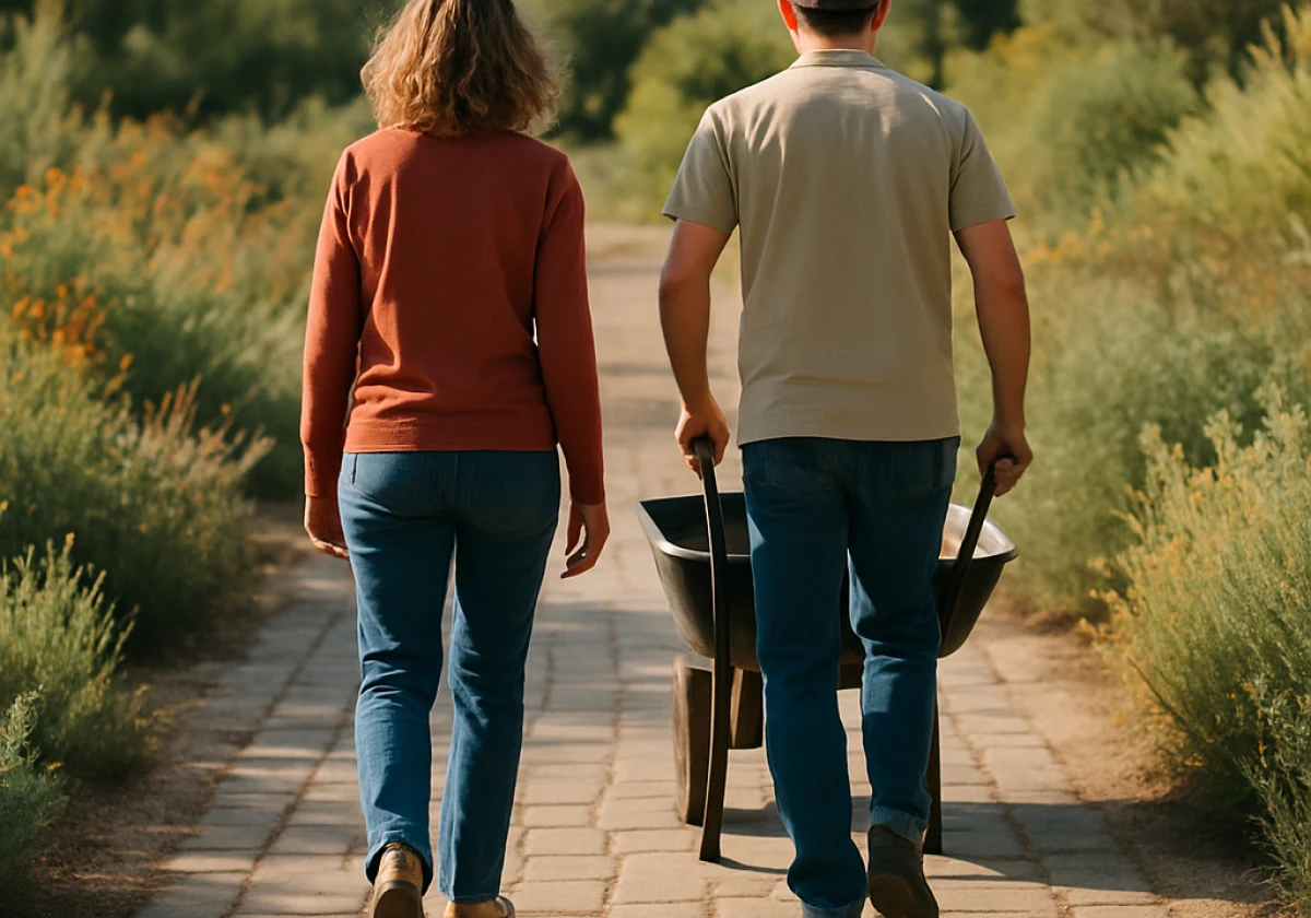 Couple walking side-by-side along a wide stone paver pathway