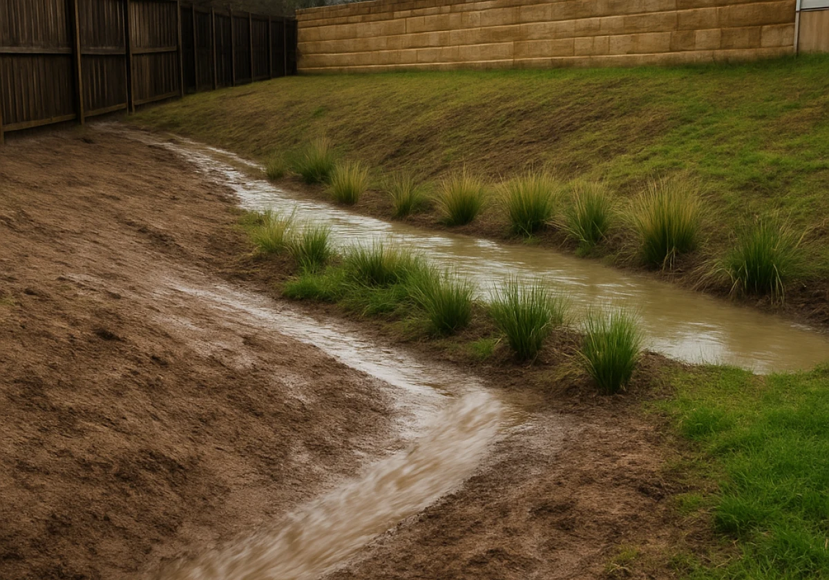 Sloped backyard after rain with water running down the slope