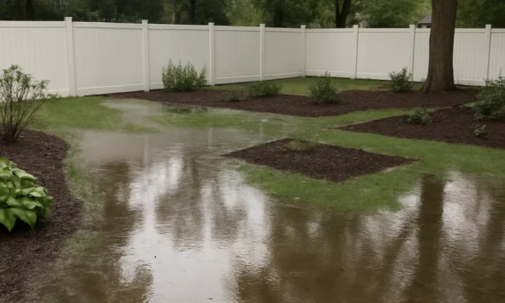 A messy garden drainage leading to flooding